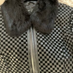 St.John classic woven leather jacket with removable fur collar-large